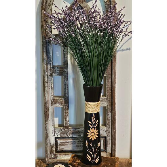 Boho Chic Hand Carved Wooden Vase with Floral Design and Jute Twine Accent - Picture 6 of 10